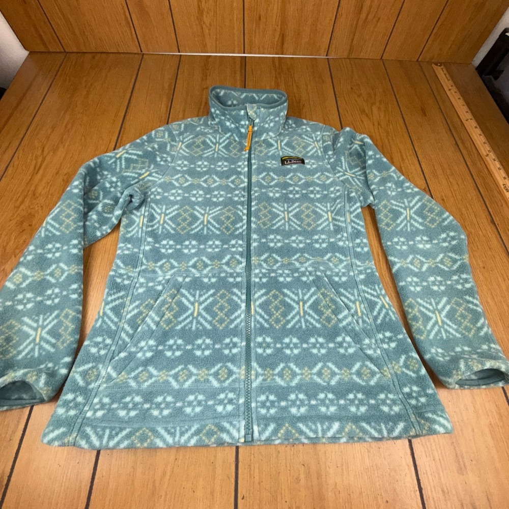 LLBean Women's Fleece Jacket Teal Fair Isle Print Full Zip Size XS REG